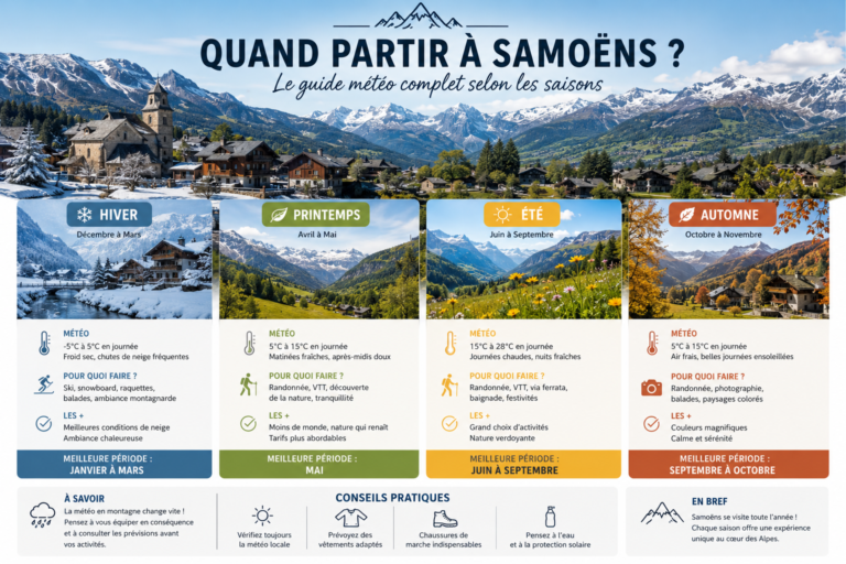 Guide météo des saisons à Samoëns avec conseils sur la neige, le ski, la randonnée et les températures en hiver, printemps, été et automne